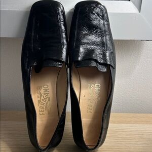 Salvatore Ferragamo Black Leather Square-Toe Loafers